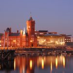 Exterior shot of Senedd Building at twilight