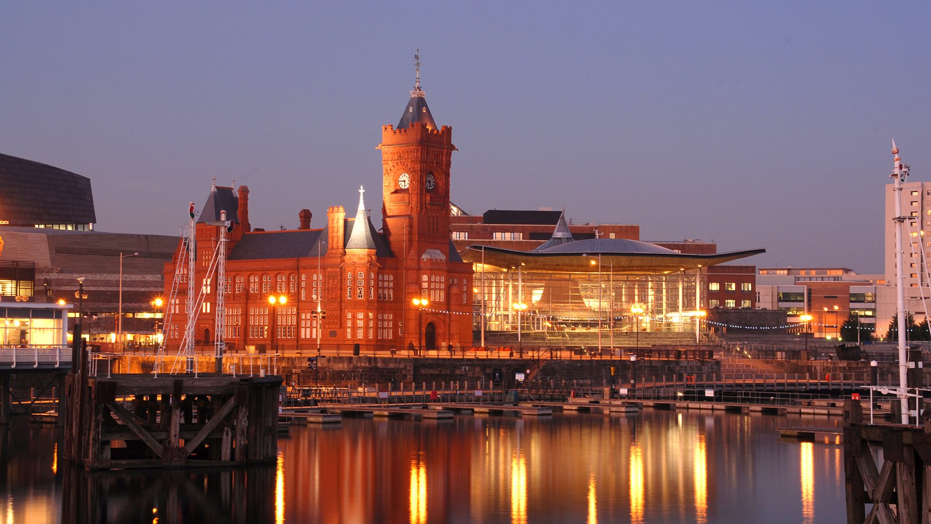 Exterior shot of Senedd Building at twilight